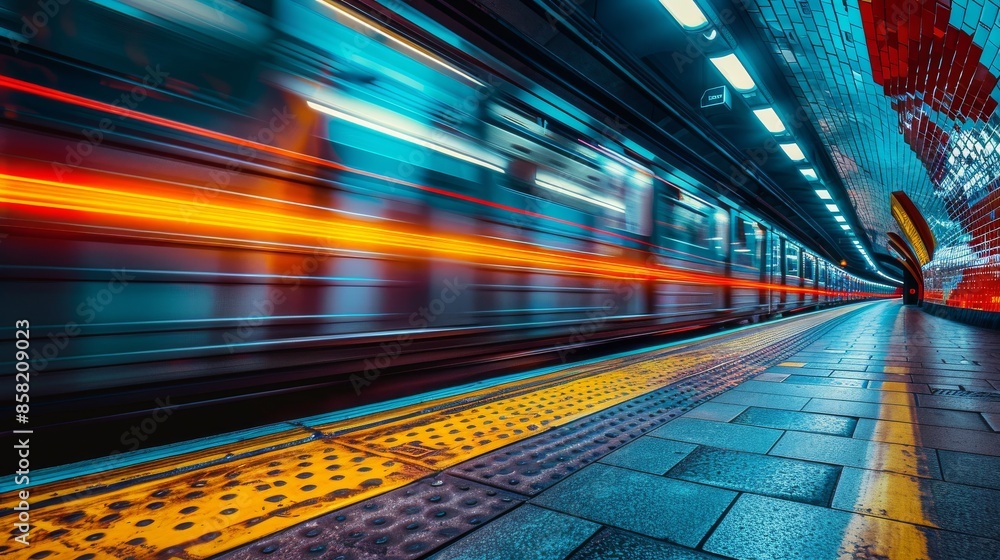Poster a vivid and colorful subway station is brought to life with the motion blur effect of a swiftly pass