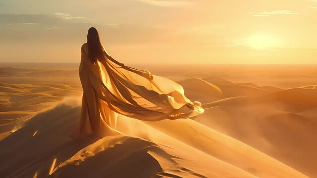 Fashion model wear flying dress at desert