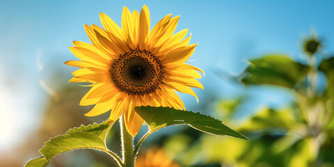 Fototapeta premium A vibrant sunflower blooms against the backdrop of a clear blue sky