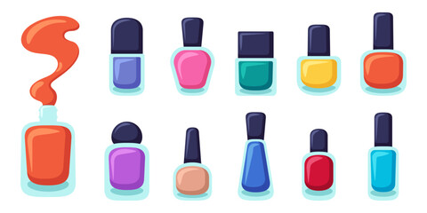 Set of bright nail polish bottles. Multicolor gel polishes for manicure. Cartoon flat cliparts