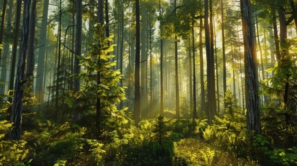 Fototapeta premium Explore the lush forests of the Pacific Northwest, where towering evergreen trees create a canopy of shade and shelter for diverse wildlife