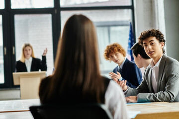 Teenagers participate in a Model UN conference, engaging in lively debate and diplomacy.