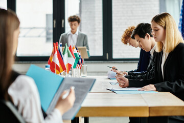 Teenagers participate in a Model UN simulation, engaging in diplomatic discussion and negotiation.