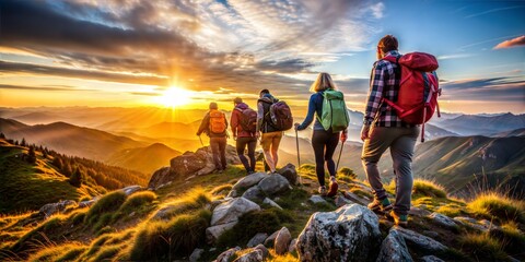 Mountain travel hike people adventure man summer journey tourism group sunset trekking. Hike travel woman mountain walk active backpack nature together sport young trail outdoor tourist hiker person