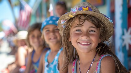 On the Fourth of July, American children celebrate with patriotic enthusiasm, waving flags and wearing colorful costumes, as natural light casts soft shadows on their joyous holiday outfits.