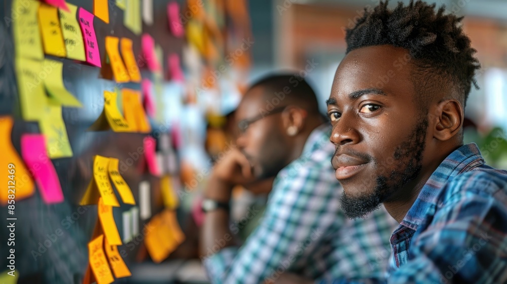Poster diverse african business team collaboratively brainstorming and sharing ideas using sticky notes on 