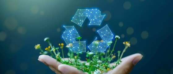 Green energy symbols merge with futuristic designs, showcasing recycling as a vital component of sustainable technology and environmental stewardship