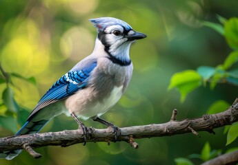 A Blue Jay Bird perched on a tree branch, with a beautiful scenic background, nature