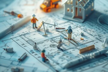 Miniature construction workers on detailed architectural blueprints. Conceptualized design for building planning and architecture projects. Use for creative, educational, and professional purposes
