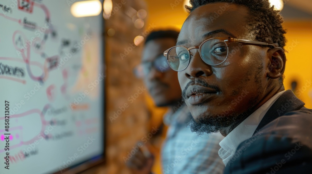 Poster a group of african professionals collaborating on a project using a digital whiteboard in an office 