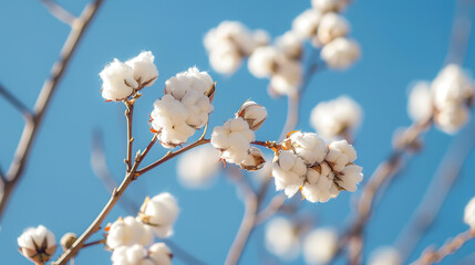 Cotton Flower Branch Close-Ups: Detailed Views Against Clear Blue Sky. Simple Imagery in Soft Light and Large Aperture Photography.