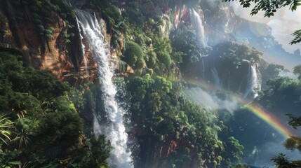 a waterfall cascading down rugged cliffs, sending mist into the air and creating a rainbow in the sunlight