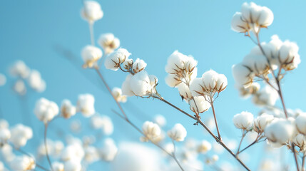 Fototapeta premium Cotton Flower Branch Close-Ups: Detailed Views Against Clear Blue Sky. Simple Imagery in Soft Light and Large Aperture Photography.