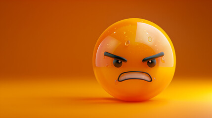 Fototapeta premium Round 3d red angry emoji face on a red background. High-resolution. angry face emoji in 3D illustration style on a colorful background. Angry Emoji Face on Blue Sphere - Minimalistic 3D Rendering.