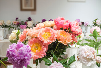 Different varieties of peonies collected in bouquets