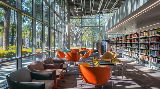 modern library with automated book retrieval systems, dedicated areas for digital reading, and collaborative spaces for community engagement