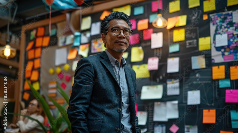 Poster asian business leader guiding collaborative brainstorming session with enthusiastic colleagues in mo
