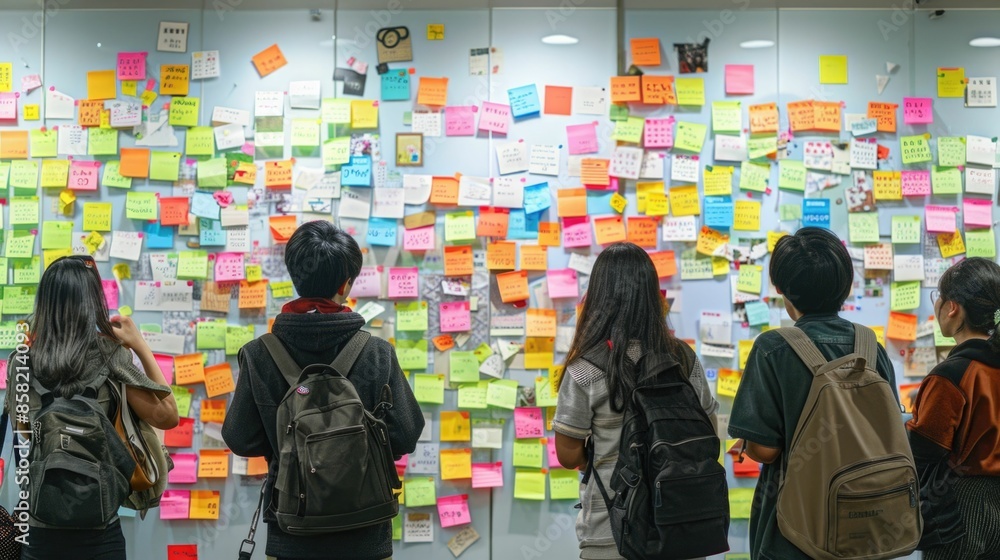 Poster diverse group of asian business professionals collaborating and brainstorming ideas using colorful n