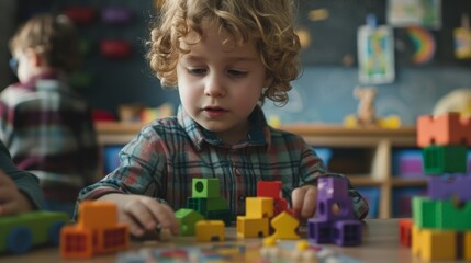 Fototapeta premium Children exploring shapes and colors with educational toys in preschool