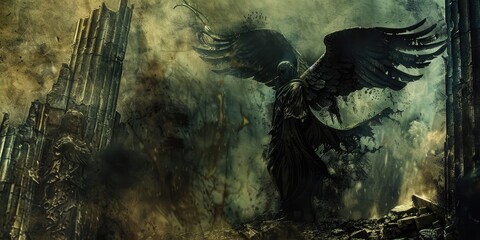 Fototapeta premium Eerie Winged Figure in an Apocalyptic Setting