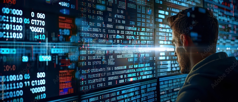 Poster advanced technology, businesses analyze stock data on computer screens, leveraging the internet for 