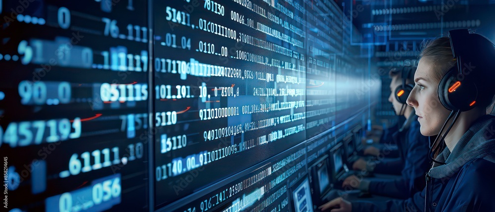 Poster advanced technology, businesses analyze stock data on computer screens, leveraging the internet for 