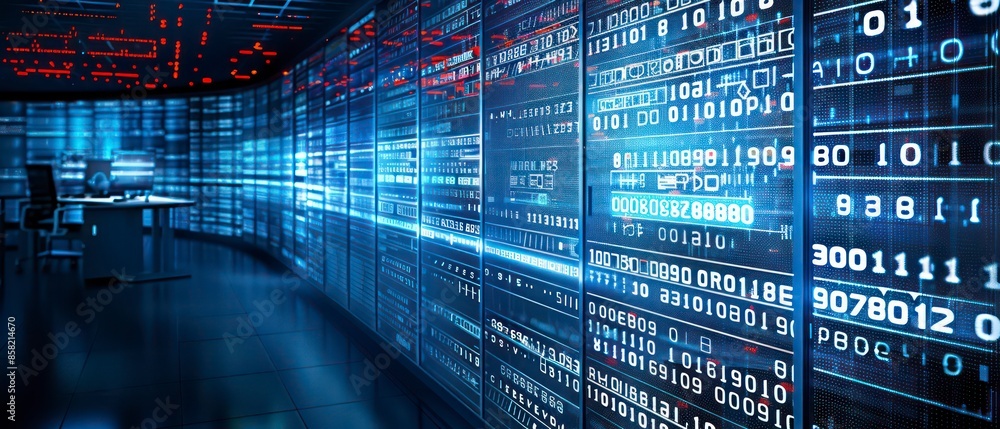 Poster advanced technology, businesses analyze stock data on computer screens, leveraging the internet for 