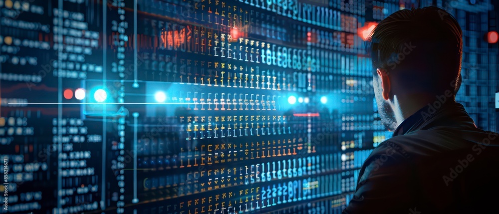 Poster advanced technology, businesses analyze stock data on computer screens, leveraging the internet for 