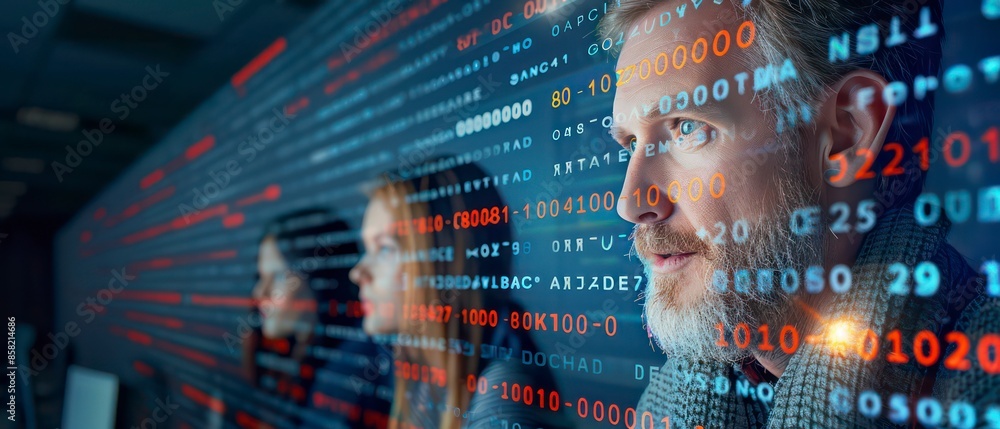 Poster advanced technology, businesses analyze stock data on computer screens, leveraging the internet for 