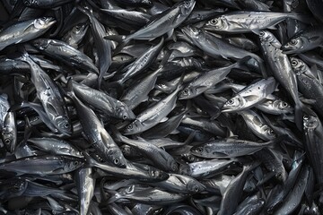 Fototapeta premium Close-up of many fish lying together, creating a densely packed view. Perfect for illustrating marine life. Great for fishing industry, commercial use, and ocean-related themes. Generative AI