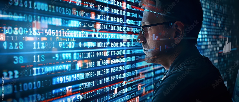 Poster advanced technology, businesses analyze stock data on computer screens, leveraging the internet for 