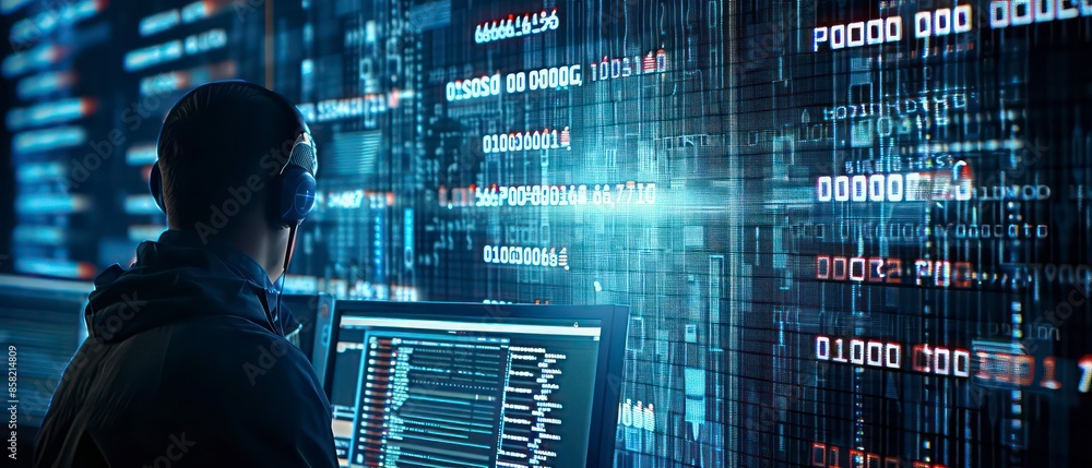 Poster advanced technology, businesses analyze stock data on computer screens, leveraging the internet for 