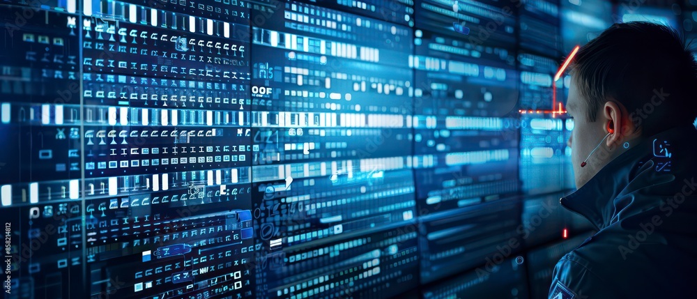 Poster advanced technology, businesses analyze stock data on computer screens, leveraging the internet for 