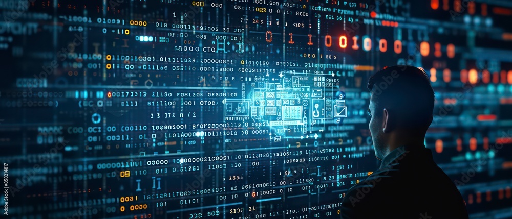 Poster advanced technology, businesses analyze stock data on computer screens, leveraging the internet for 