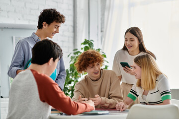 A group of teenagers working together during a UN Model simulation.