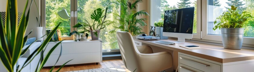 Modern Home Office with Ergonomic Setup, Spacious Desk, and Abundant Natural Light for Productive Workspace Design