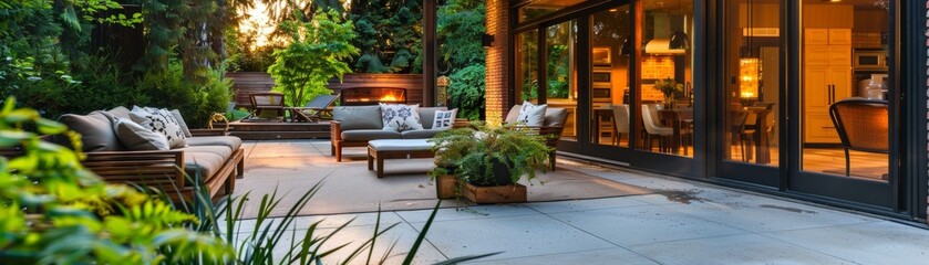 Serene Backyard Oasis: Stylish Patio with Cozy Seating, Ambient Outdoor Lighting, and Lush Greenery for Relaxing Outdoor Living Space