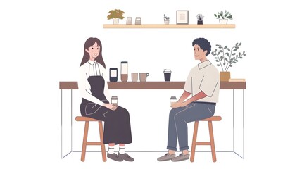 Two Women Discussing at Cozy Cafe Interior with Shelves and Decor