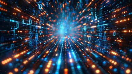 The abstract digital background showcases the operation of binary code and AI algorithms, reflecting the integration of artificial intelligence, data processing, and technology.