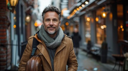 Fototapeta premium A man dressed in a brown jacket with a gray scarf, carrying a leather bag, walking in an urban setting with lights and buildings in the background, depicting city life.