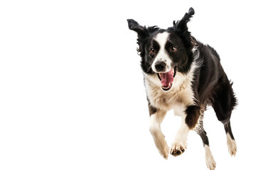 Full body shot of Border Collie dog, running happily, smiling.