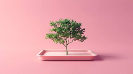 Small tree on plastic tray in a pink background very detailed and realistic shape