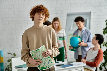 A teenager stands holding a map during a United Nations model simulation.