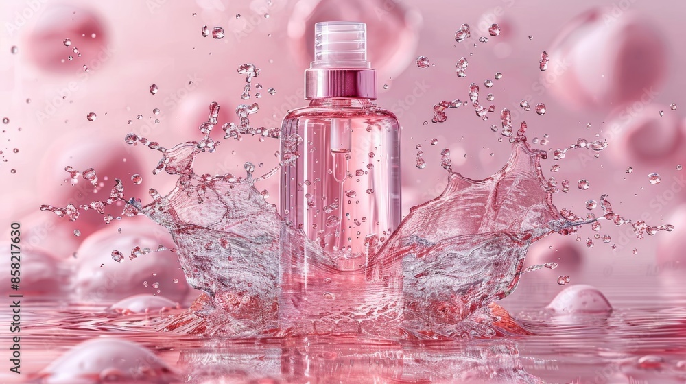 Poster an elegant perfume bottle immersed in pink water with splashes and waves around it, creating a dynam