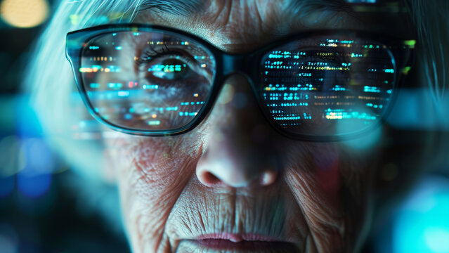 Elderly woman wearing glasses with code reflected on the lenses close up portrait. Futuristic digital graphics of cyber technology data analysis - Powered by Adobe
