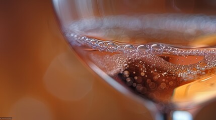 A macro shot of effervescent rose wine in a clear glass, highlighting the intimate details of the bubbles, suggesting a refreshing and intimate drinking experience.