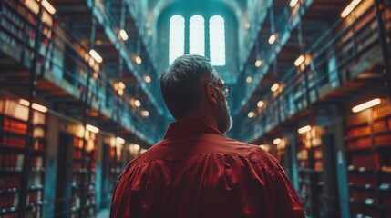 Obraz premium A contemplative man in a red shirt stands in a grand library, gazing at the towering bookshelves, evoking a sense of knowledge, introspection, and wonderment.