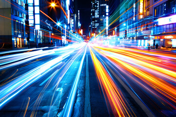High-speed light trails on a busy city street.



