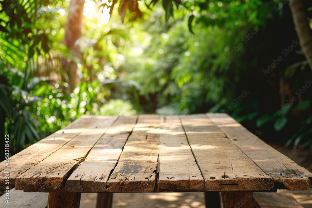 Poster the picture of the wood table in the middle of the forest that surrounded with an uncountable amount