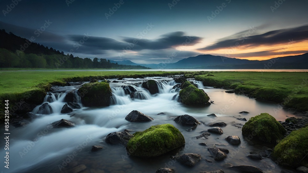 Canvas Prints A serene landscape featuring a small waterfall with a backdrop of mountains and a sunset sky.